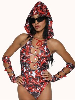 iHeartRaves Red & Black Mushroom Print Hooded One-Piece